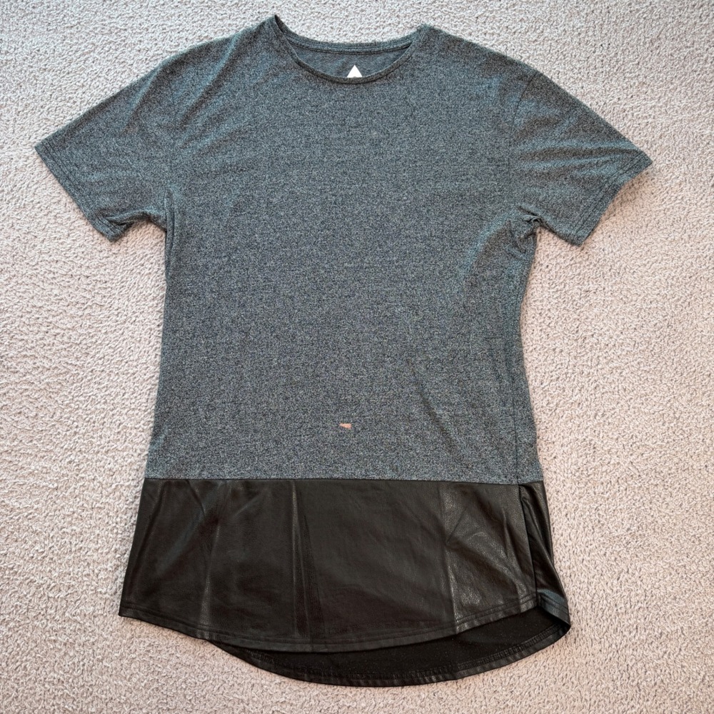 Topman Mens S Longline T Shirt Grey Marled Black Faux Leather Trim Hem Topshop